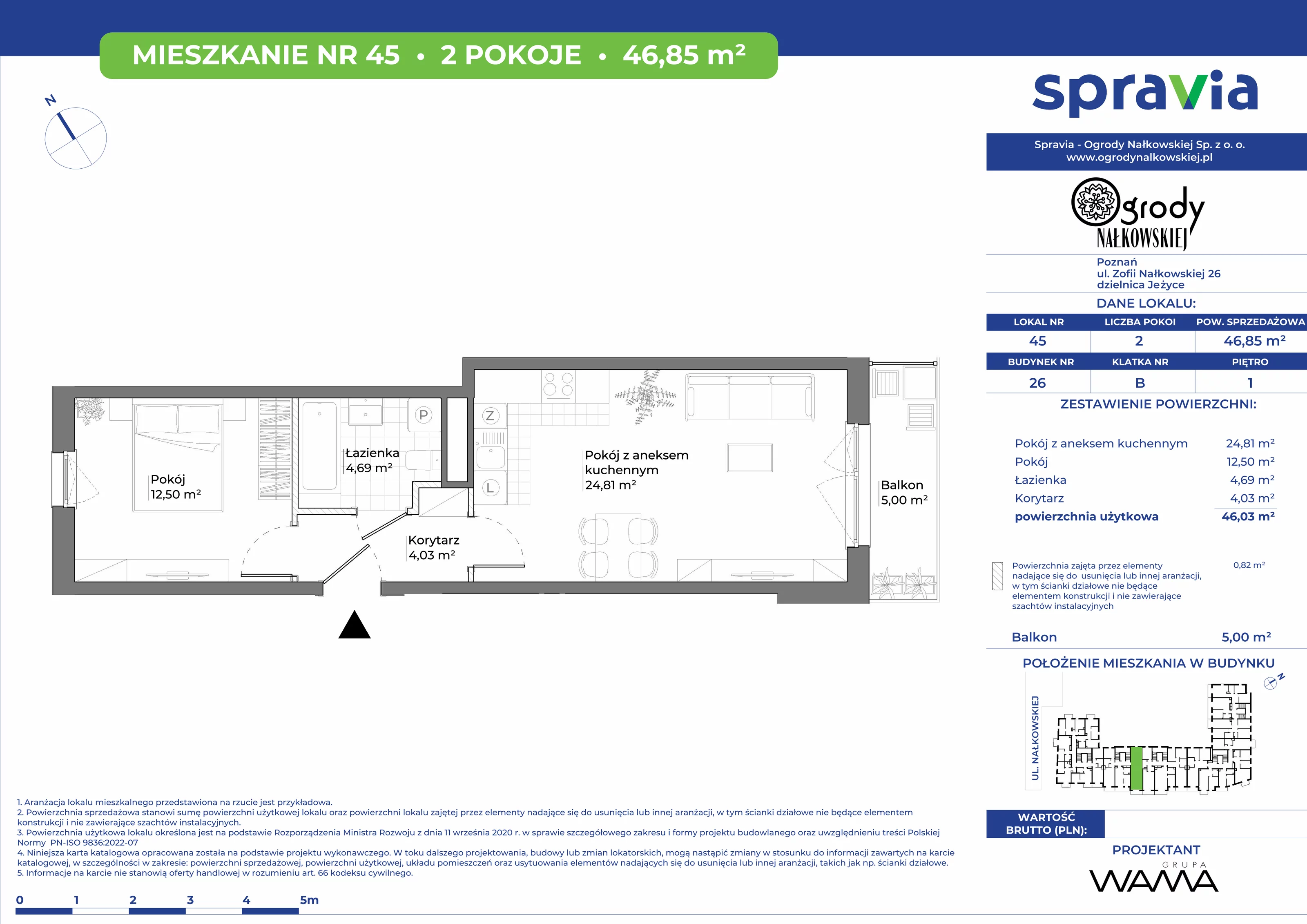 2 pokoje, mieszkanie 46,85 m², piętro 1, oferta nr 26-45, Ogrody Nałkowskiej, Poznań, Ogrody, ul. Nałkowskiej 24, 26